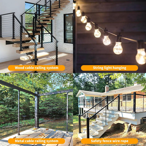 Wood and metal railing with One Eighth Inch T316 Black Stainless Steel Cable Rope, 600 Feet, rust-resistant marine-grade wire in use