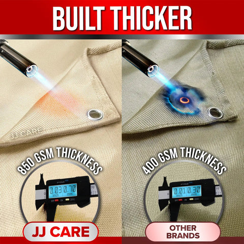 Comparison of Heavy Duty Fireproof Welding Blanket 6ft by 8ft 850GSM and 400 GSM with flame test and thickness gauge readings.
