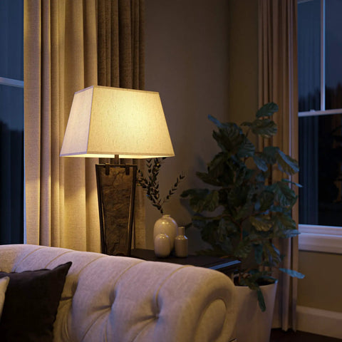 Natural Slate Finish Rustic Table Lamp With Oil Rubbed Bronze Accents, 30 Inch Tall, in a cozy living room setting.
