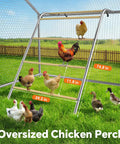 Chickens and ducks using perch inside heavy duty metal chicken coop with weatherproof canopy for farm and backyard use.