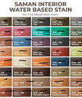 Saman Interior Water Based Stain color chart showing a variety of finishes including Antique Walnut, TEW-212-12, quick-drying.