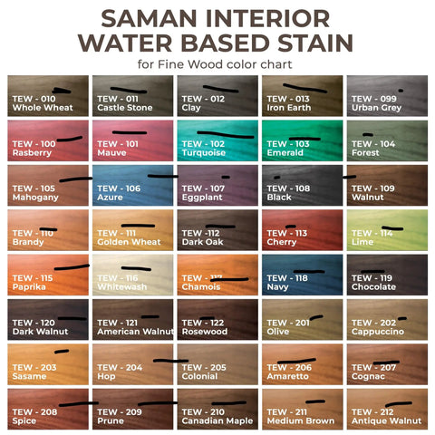 Saman Interior Water Based Stain color chart showing a variety of finishes including Antique Walnut, TEW-212-12, quick-drying.