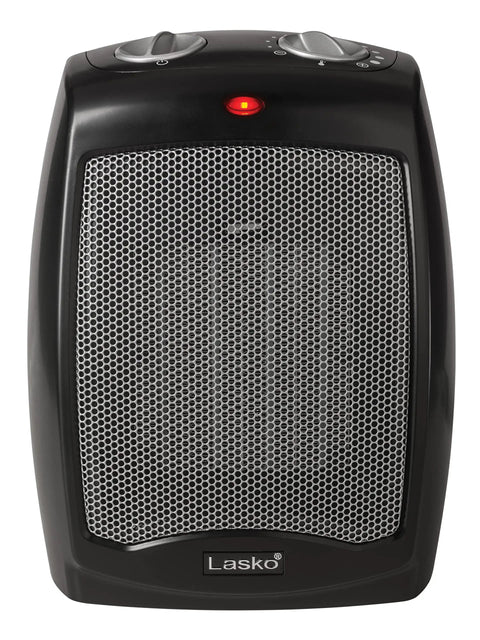 Front view of Compact Ceramic Space Heater CD09250 with adjustable thermostat, black, 9-inch, for tabletop or under desk use