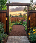 Metal Solar Torch Lights With Adjustable Height From 24 To 50 Inches installed in garden pathway entry with LED flame effect.