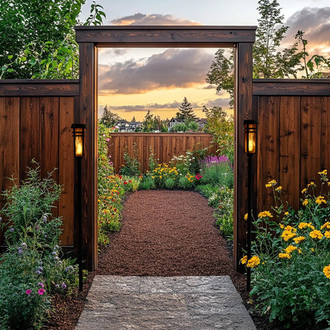 Metal Solar Torch Lights With Adjustable Height From 24 To 50 Inches installed in garden pathway entry with LED flame effect.