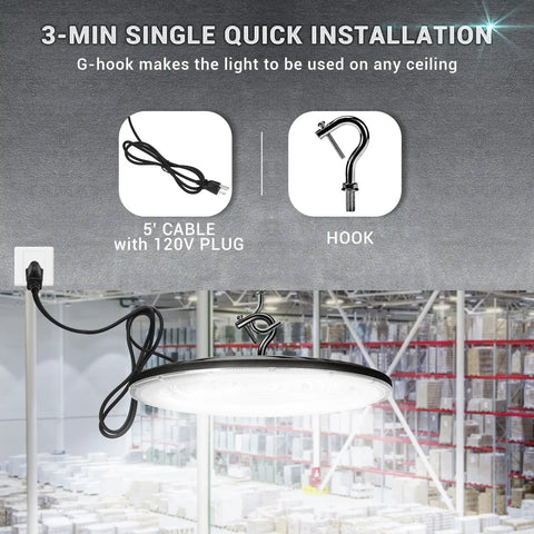 Six Pack 500W UFO LED High Bay Light Fixtures for Warehouse with 5' cable, hook, and easy installation guide