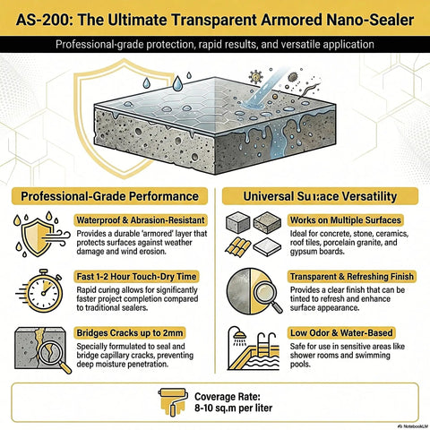 Kickass Invisible Nano Coating For Stone Concrete Tile And Terrace Roofs Waterproof Breathable Barrier With Legit Scratch Resistant Armor Guard Protects Surfaces Against Weather And Daily Wear 17 Oz infographic showing waterproof protection and surface versatility.