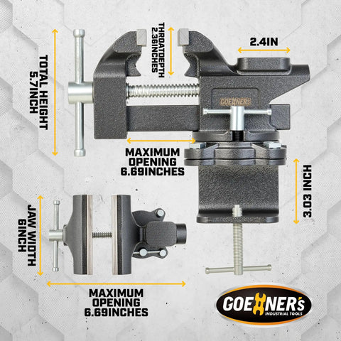 Beefy 6 Inch Bench Vise With Built In Pipe Jaw And Swivel Base Heavy Duty Forged Steel Construction For Woodworking Home Shop And DIY Projects Jaws Up To 4.3 Inches 2200 Lbs Clamping Force. bench vise with measurements