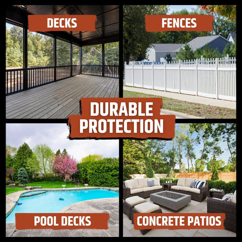 Durable protection shown on decks, fences, pool decks, and concrete patios with Cool Foot Deck Coating Solar Reflective Paint.