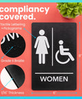 Restroom Sign For Business ADA Compliant Braille Bathroom Sign With Double Sided Tape For Hassle Free Installation 9 By 6 Inch Men And Women Handicap Set Bold White Letters On Black For Maximum Visibility.