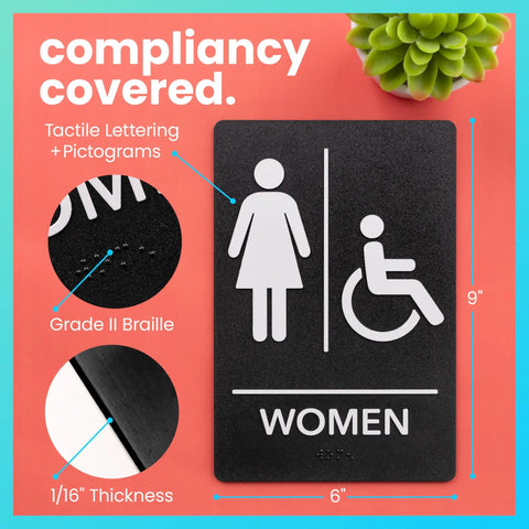 Restroom Sign For Business ADA Compliant Braille Bathroom Sign With Double Sided Tape For Hassle Free Installation 9 By 6 Inch Men And Women Handicap Set Bold White Letters On Black For Maximum Visibility.
