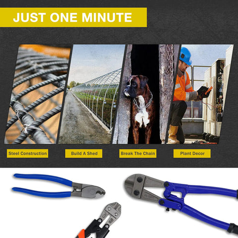 Industrial Heavy Duty Bolt Cutter Set 14 Inch And Mini 8 Inch High Leverage Cable Cutters with usage examples and tools shown