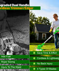 Cordless 21V Weed Wacker With 3-In-1 Trimmer Edger Brush Cutter shown in use, highlighting ergonomic handle and lightweight design.