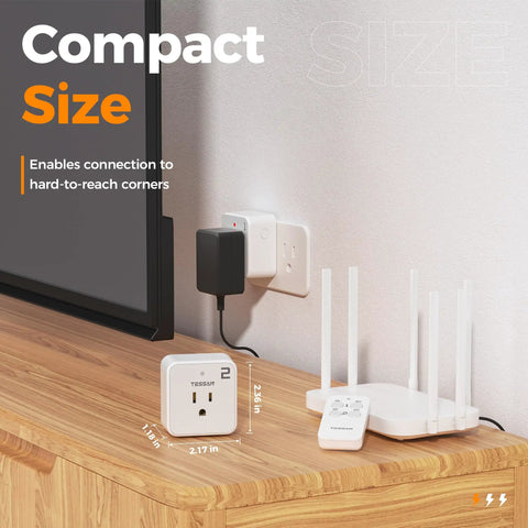 Remote Control Outlet Plug Set With One Remote And Two Outlets, compact size, on wooden surface with router and TV