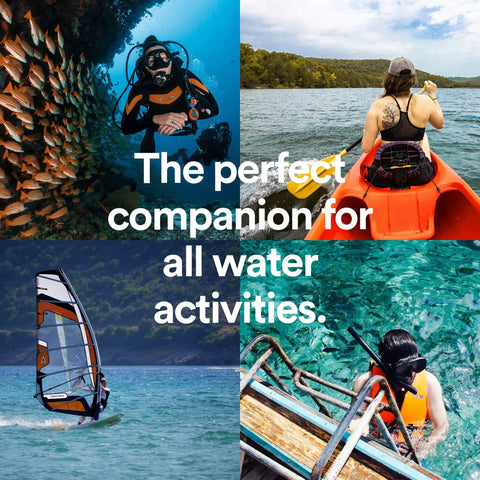 Collage of people kayaking, scuba diving, windsurfing, and snorkeling with the text 'The perfect companion for all water activities.'