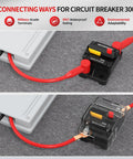 Beefy 300 Amp DC Circuit Breaker With Manual Reset Waterproof 12V 48V Battery Disconnect Switch For Winches Inverters Trucks And Boats Rugged Marine Grade Protection For Massive Power Draw, showing two connection methods.