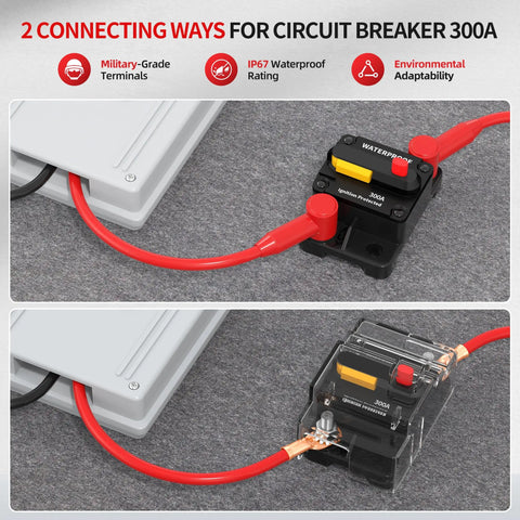 Beefy 300 Amp DC Circuit Breaker With Manual Reset Waterproof 12V 48V Battery Disconnect Switch For Winches Inverters Trucks And Boats Rugged Marine Grade Protection For Massive Power Draw, showing two connection methods.