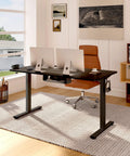 En2 Standing Desk With Clamp Power Strip And Built-In USB Outlets, Electric Height Adjustable Sit-Stand Desk With Cable Management, 55 By 28 Inches, Black Frame And Top, Dope Two-Piece Setup For Easy Reconfiguration in office setting.