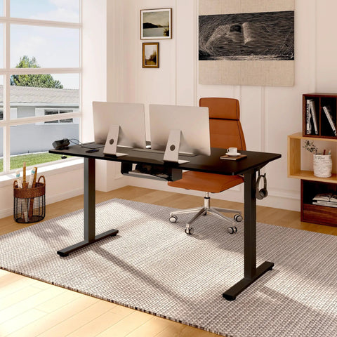 En2 Standing Desk With Clamp Power Strip And Built-In USB Outlets, Electric Height Adjustable Sit-Stand Desk With Cable Management, 55 By 28 Inches, Black Frame And Top, Dope Two-Piece Setup For Easy Reconfiguration in office setting.