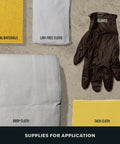 Supplies for application: sanding materials, lint-free cloth, gloves, drop cloth, and tack cloth for refinishing.