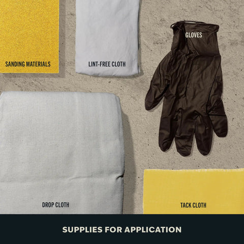 Supplies for application: sanding materials, lint-free cloth, gloves, drop cloth, and tack cloth for refinishing.