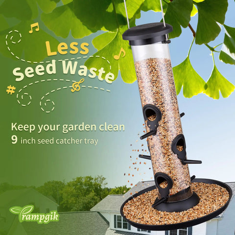 Six Port Outdoor Bird Feeders With Tray For Cardinals 13 Inch Black Pack Of 2 Durable Plastic Construction Easy Hang From Tree Or Hook Great For Backyards Gardens Patios And Porches with seed catcher tray