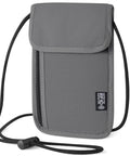 Travel Neck Wallet With Adjustable Strap And RFID Blocking Passport Holder shown in gray with crossbody design.