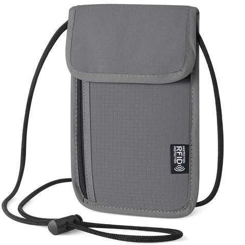 Travel Neck Wallet With Adjustable Strap And RFID Blocking Passport Holder shown in gray with crossbody design.