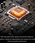Close-up of a DSP chip on a circuit board, highlighting the technology in Bluetooth Bookshelf Speakers for Turntable With 60W RMS Power