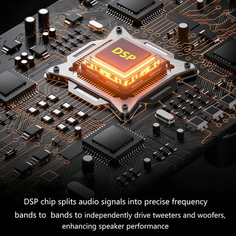 Close-up of a DSP chip on a circuit board, highlighting the technology in Bluetooth Bookshelf Speakers for Turntable With 60W RMS Power