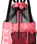 Big Mesh Mummy Backpack For Wet Swim Gear, Gym, And Beach Workout Essentials in pink with mesh and drawstring close-up