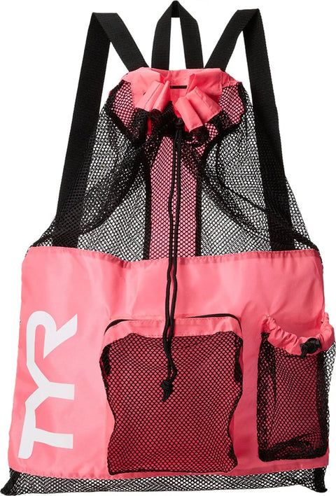 Big Mesh Mummy Backpack For Wet Swim Gear, Gym, And Beach Workout Essentials in pink with mesh and drawstring close-up