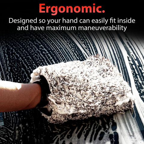 Dope Microfiber Car Wash Mitt With Plush Synthetic Fur Fibers for a Scratch Free Shine being used on a soapy car surface
