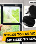 Heavy Duty Hook And Loop Tape Roll With Super Sticky Adhesive Backing Badass Industrial Fastening Strips That Cling Like Crazy And Rip Clean In Black One Inch mounted around a window.