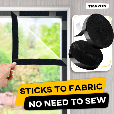 Heavy Duty Hook And Loop Tape Roll With Super Sticky Adhesive Backing Badass Industrial Fastening Strips That Cling Like Crazy And Rip Clean In Black One Inch mounted around a window.