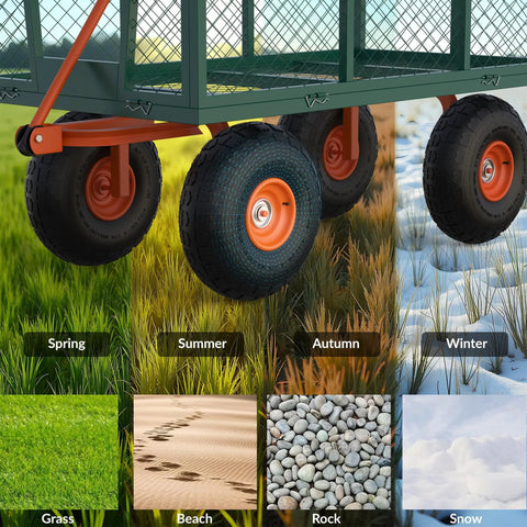 Gutsy 17 Cu Ft Steel Tow Behind Dump Cart For Atv And Utv with large wheels on grass and snow, showcasing its versatility.