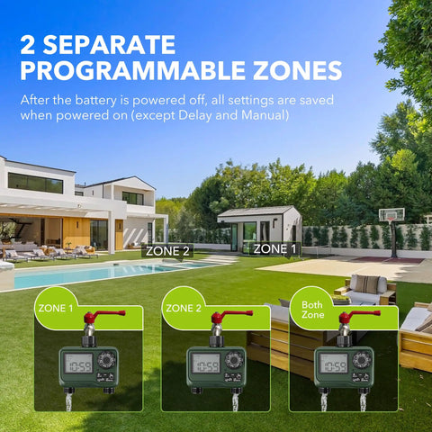2 Zone Programmable Sprinkler Timer With Rain Delay For Outdoor Lawn And Garden Irrigation Automatic Watering System For Hoses Waterproof Controller With Large LCD Display showing separate programmable zones in a garden setting