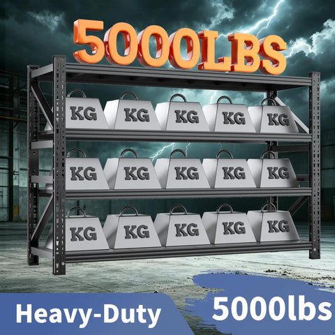 Extra Large Heavy Duty Metal Storage Shelves Built Like A Tank Adjustable Four Tier Garage Rack With Deep Shelves For Bulk Tools Equipment Warehouse Homeowners, displaying 5000 lbs capacity with bags.