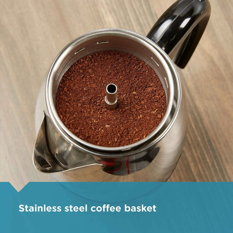 Top view of Electric Coffee Percolator 4 Cup With Stainless Steel Basket No Drip Spout And Automatic Keep Warm Black Silver Finish