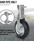 Heavy Duty Gate Wheel Kit For Swing Gates, 6-Inch Wheel Fits 1-5/8 To 2-Inch Gate Frames, shown attached to a round pipe.