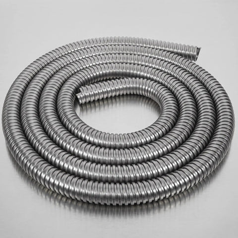Tough As Nails Stainless Steel Flexible Conduit And Wire Loom Cable Sleeve Tube for Compact Spaces coiled in a circular shape.