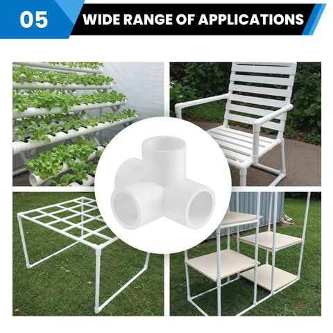 1 Inch PVC 4 Way Tee Fitting for DIY frames and structures, shown in furniture, garden structures, and shelving applications