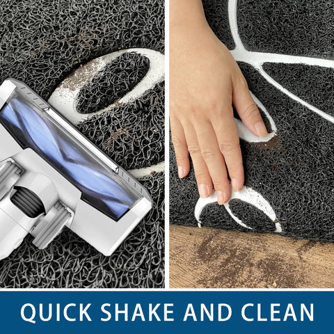 Durable Outdoor Indoor Doormat 30 By 17.5 Inches Non Slip Mud Trapping PVC Silk Loop Mat being vacuumed and cleaned by hand