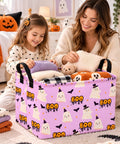 Lowkey Spooky Purple Ghost Storage Basket With Heavy Duty Cotton Linen Handles Dope Collapsible Organizer For Halloween with blankets.