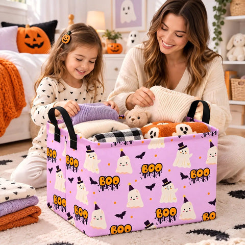 Lowkey Spooky Purple Ghost Storage Basket With Heavy Duty Cotton Linen Handles Dope Collapsible Organizer For Halloween with blankets.