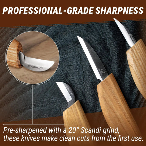 Pro Grade Beginner Friendly Wood Carving Kit For Beginners And Kids showing detail, chip, and roughing knives with sharp blades