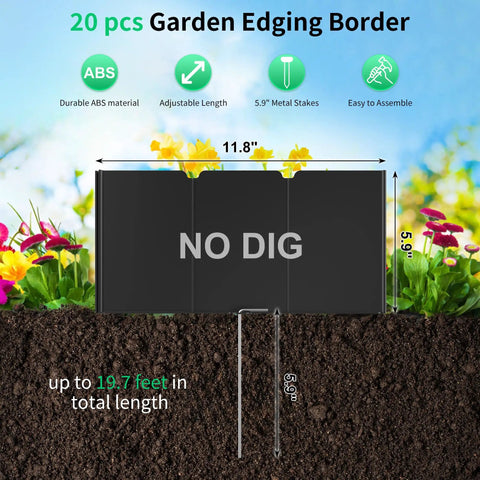 No Dig Plastic Garden Edging Border Kit With 20 Interlocking Panels And 20 Metal Anchoring Stakes illustration with dimensions