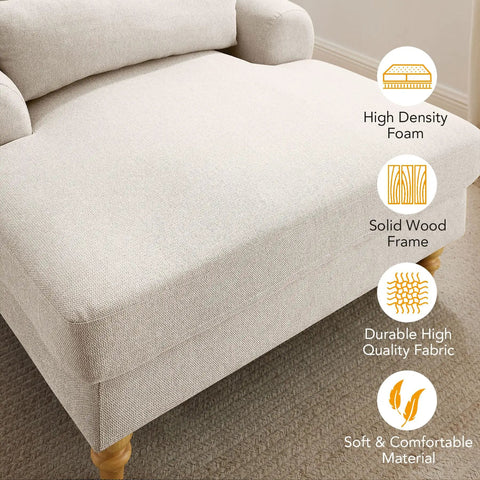 Close-up of smoke white indoor recliner sofa seat with plush upholstery and wooden legs detailing, Adjustable Back Chaise Lounge Chair With Plush Upholstery, Oversized Reading Armchair For Living Room, Bedroom Or Office, Smoke White Indoor Recliner Sofa With Deep Seat For Ultra Comfy Lounging