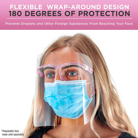 Pack Of 4 Pink Frame Face Shields With Ultra Clear Full Face Protection, Anti Fog PET Plastic Goggles, worn by woman with mask