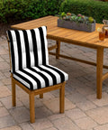 Outdoor Plush Tufted Blowfill Dining Chair Cushion 21x40 Inch Rainproof Fade Resistant For Dining And Bistro Chairs In Black Cabana Stripe Eco Friendly PFAS Free Polyfill From Recycled Bottles 100 Percent Polyester Fabric Four Ties To Secure on patio chair